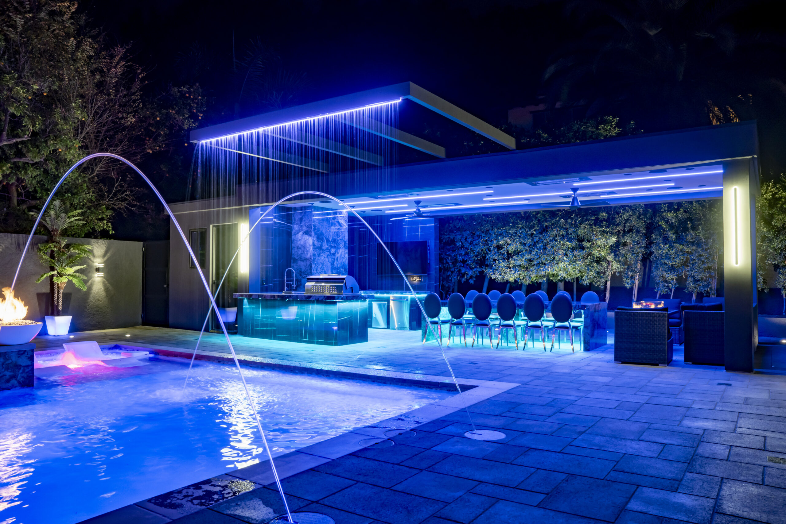 New Pool, Baja & Spa with Waterfall and Firepit New Construction in Los Angeles CA Night Jets