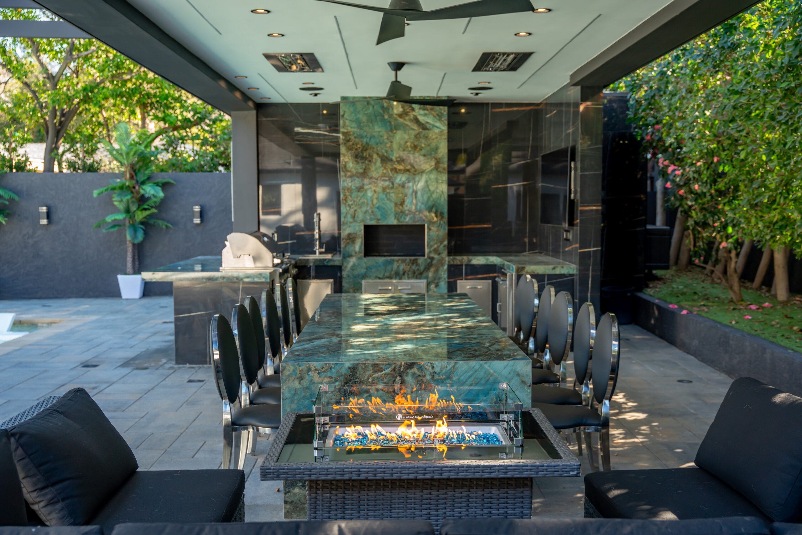 New covered patio with Waterfall New Construction in Los Angeles CA